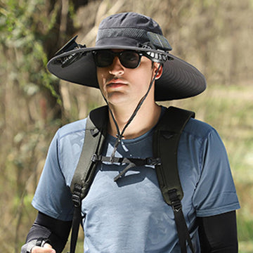 Grey solar fan hat folded for packing or travel
