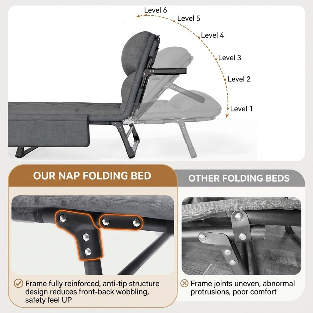 MeowPets folding camping cot 550lb capacity shows strong stability for adult use.
