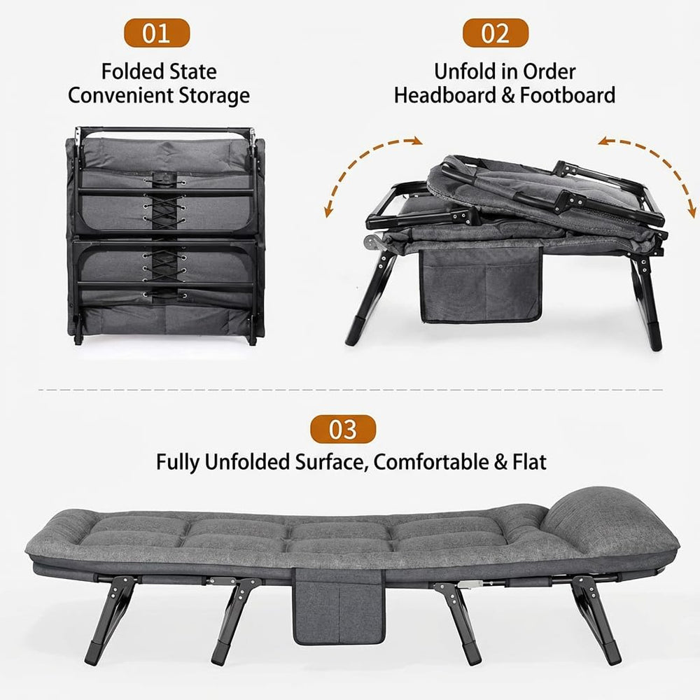 MeowPets folding camping cot removable mattress highlights instant comfort on camping trips.