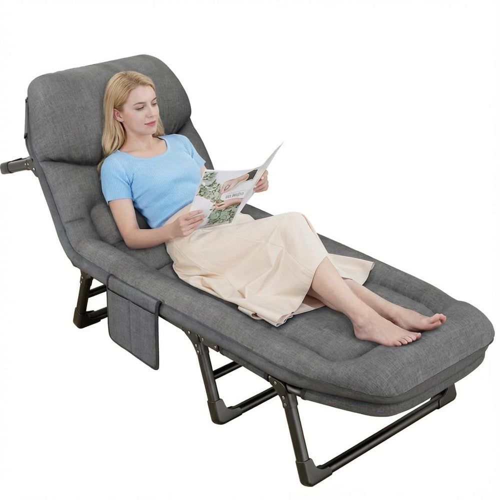 MeowPets folding chaise lounge chair setup demonstrates portable comfort for outdoor use.