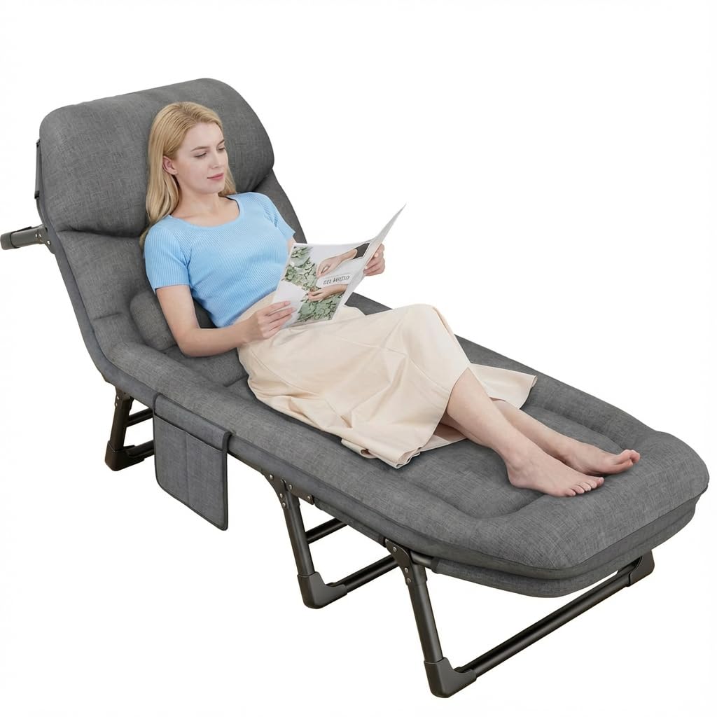 MeowPets folding chaise lounge chair setup demonstrates portable comfort for outdoor use.