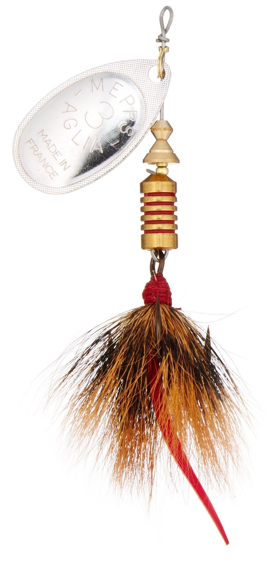 Mepps Aglia dressed treble lure in silver with brown tail, versatile for freshwater fishing across many species.