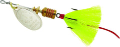 Mepps Aglia dressed treble lure in Silver-Yellow, responsive spinning action