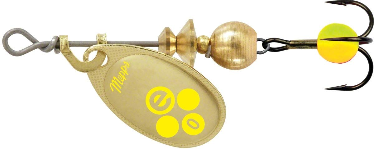 Mepps Aglia e lure, plain trbl, gold-hot chartreuse, boosts visibility for freshwater fishing.
