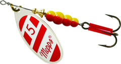 Mepps Aglia lure with plain treble in red and white for versatile freshwater fishing.