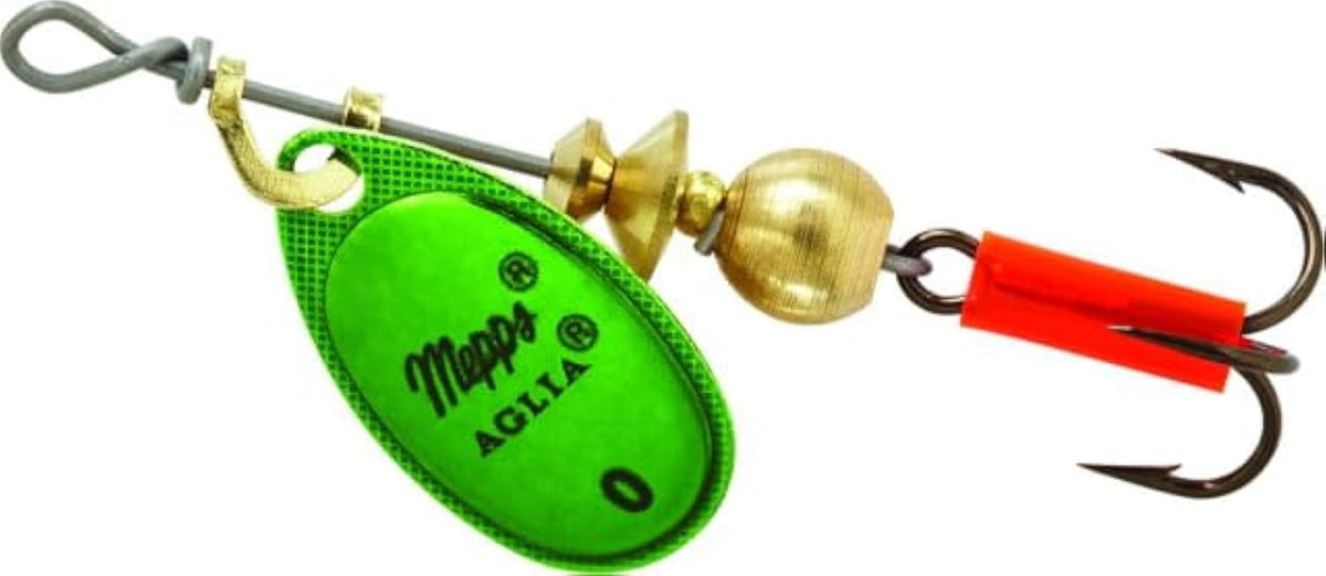 Mepps Aglia lure in plain treble green platinum for versatile freshwater fishing.