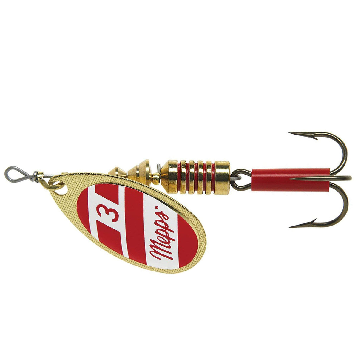 Mepps Aglia plain treble lure in gold-red-white, ideal for pan fish.