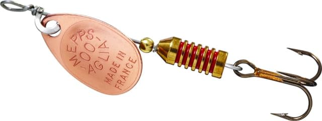 Mepps Aglia Ultra Lite copper packaging close-up showing durable finish for trout fishing