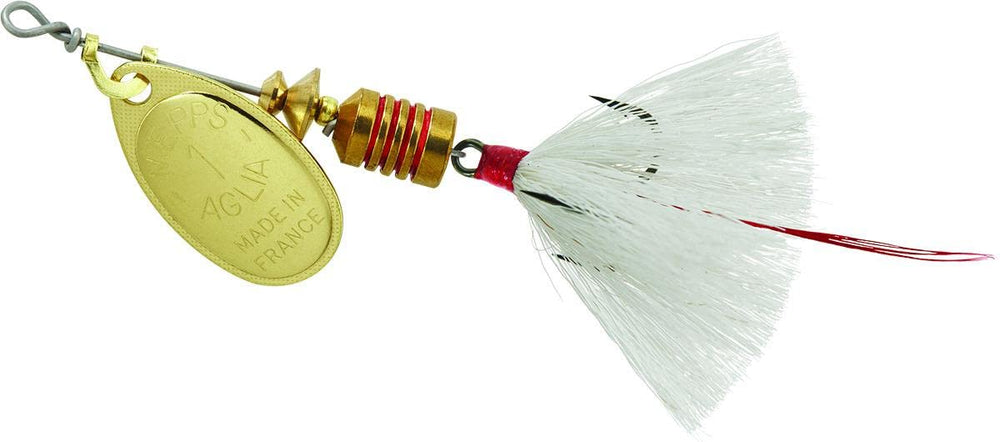 Mepps B1ST G-W Aglia lure side view in drsd trbl gold-white for casting and retrieving.