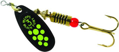 Mepps BF3 Black Fury lure, side view, aids easy casting and precise trolling.