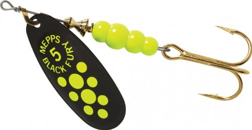 Mepps Black Fury BF5 CH lure with plain treble and chart dot, versatile casting.