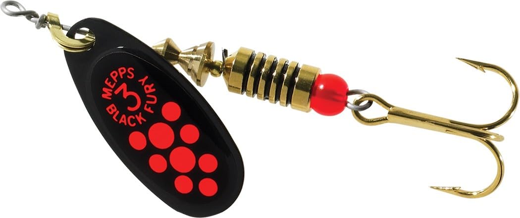 Mepps Black Fury plain treble lure with fluorescent red dot boosts visibility in low light conditions