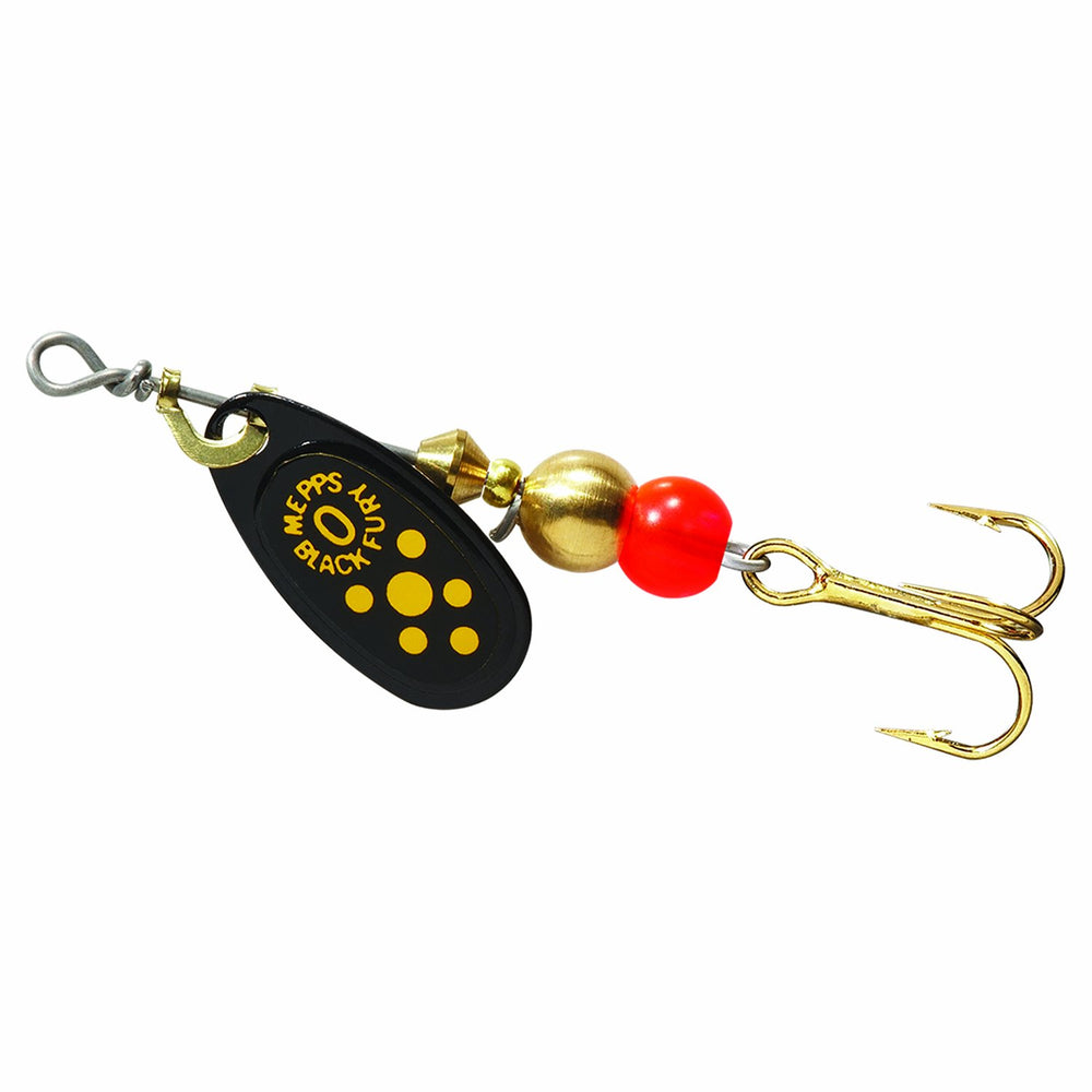 Mepps Black Fury plain treble with yellow dot improves visibility for shallow to mid-depth fishing