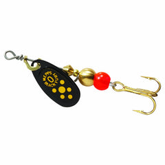 Mepps Black Fury plain treble with yellow dot improves visibility for shallow to mid-depth fishing