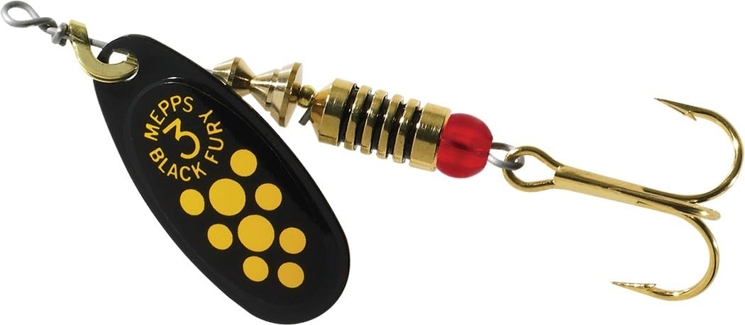 Mepps Black Fury 4 Y lure with plain treble and yellow dot for versatile freshwater fishing.