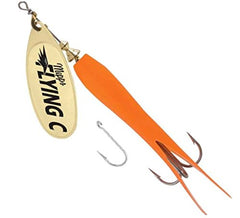 Mepps Flying C lure in hot orange and gold for versatile river casting.
