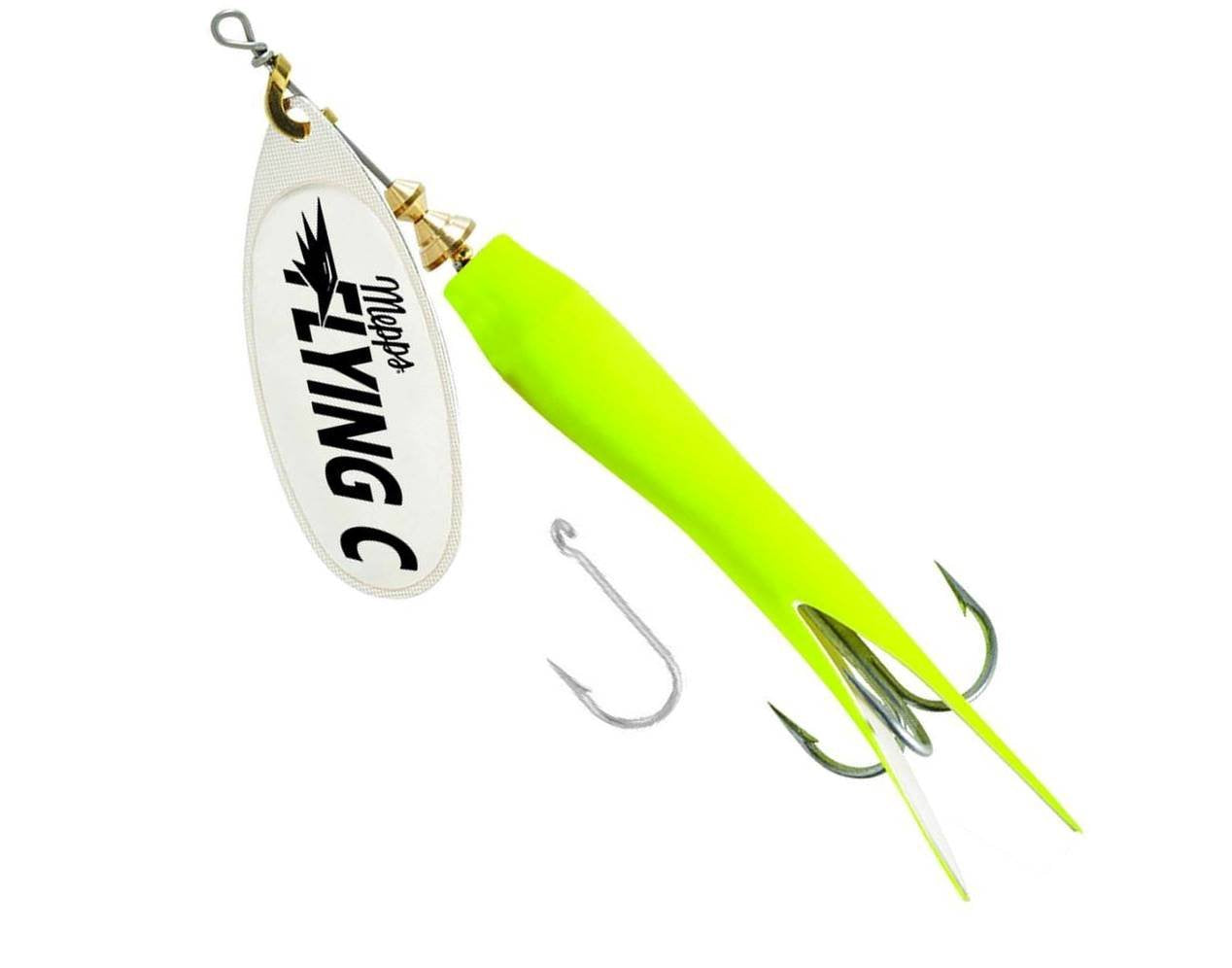 Mepps Flying C lure in silver hot chart, versatile for varied water conditions.