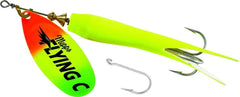 Mepps Flying C lure in hot chartreuse-firetiger for versatile river and lake casting.