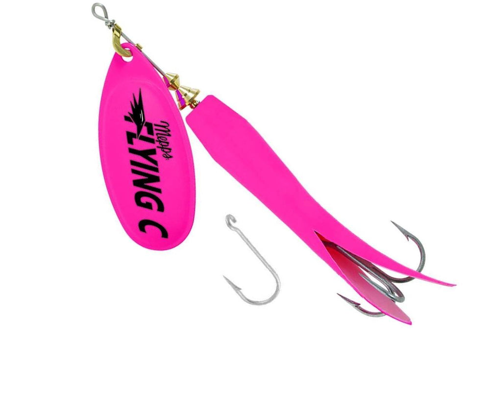 Mepps Flying C hot pink lure with single treble hook, versatile for freshwater fishing.