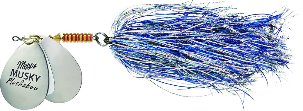 Mepps MFD7T CSC double blade musky flashabou, close-up, shows flash for attracting muskies.