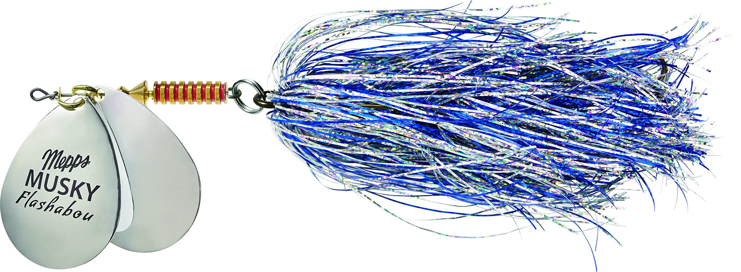 Mepps MFD7T CSC double blade musky flashabou lure with silver-blue flash attracts muskies.