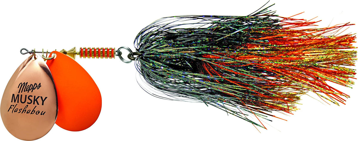 Mepps MFD7T lure with double blades and Flashabou copper hot for musky action.