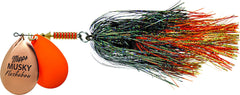Mepps MFD7T lure with double blades and Flashabou copper hot for musky action.