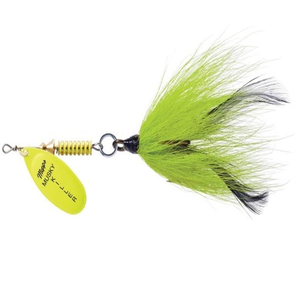 Mepps Musky Killer Dressed lure in hot chartreuse for enhanced visibility and vibration