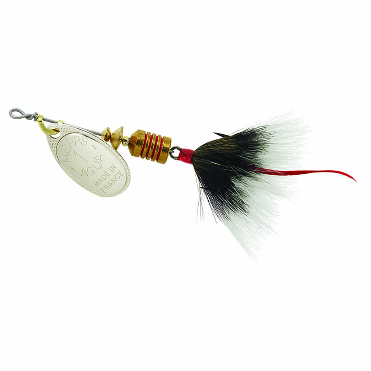 Mepps Sheldon's Aglia dressed trbl silver-grey lure for versatile trout and panfish use.