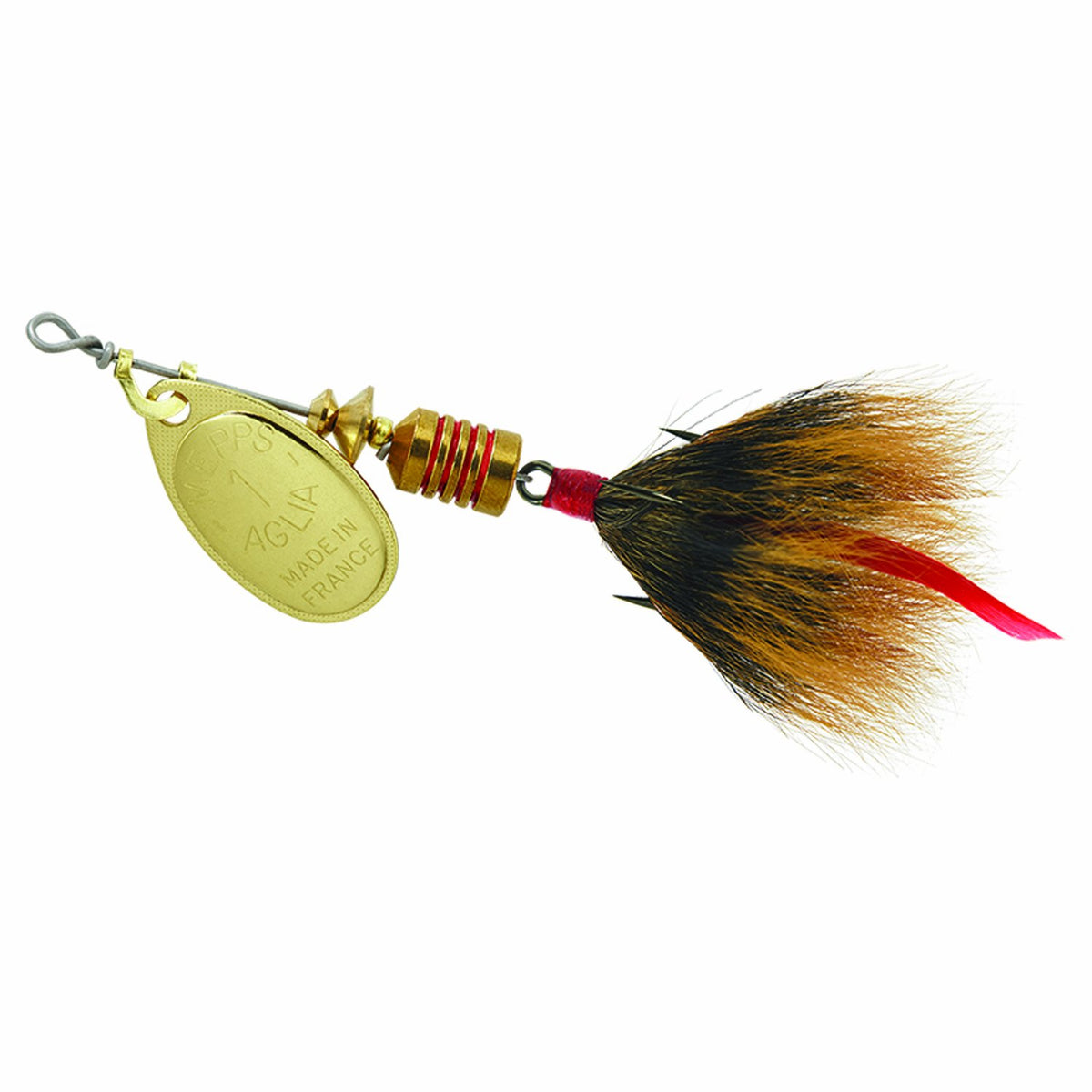 Mepps Aglia dressed lure in gold-brown for panfish and trout, versatile in calm and moving water