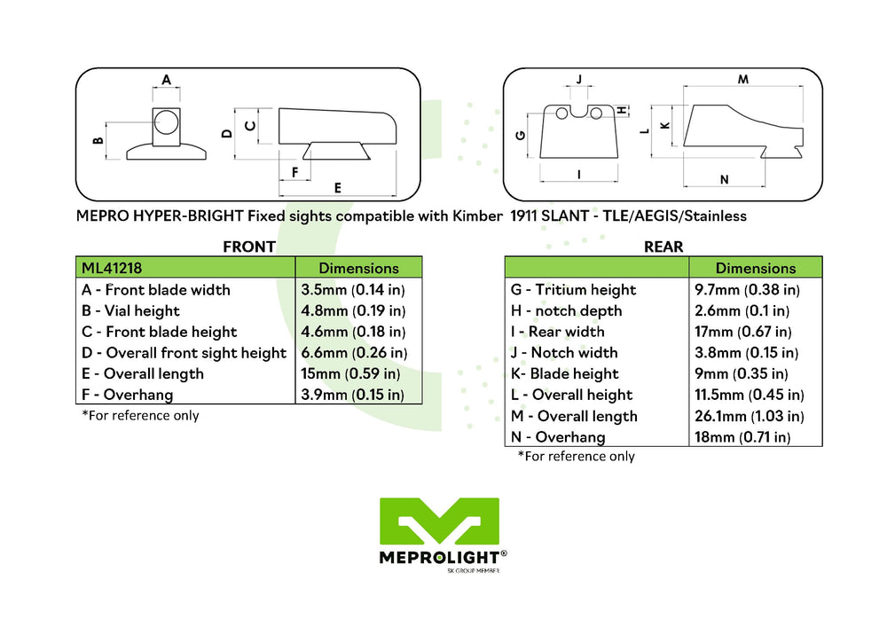 Meprolight Kimber 1911 compatible Hyper-Bright sight set for reliable illumination.