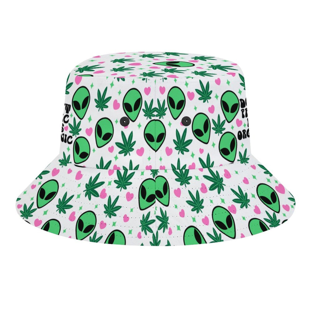 Mercuryelf Weed Alien bucket hat close-up reveals fabric texture and stitching detail.