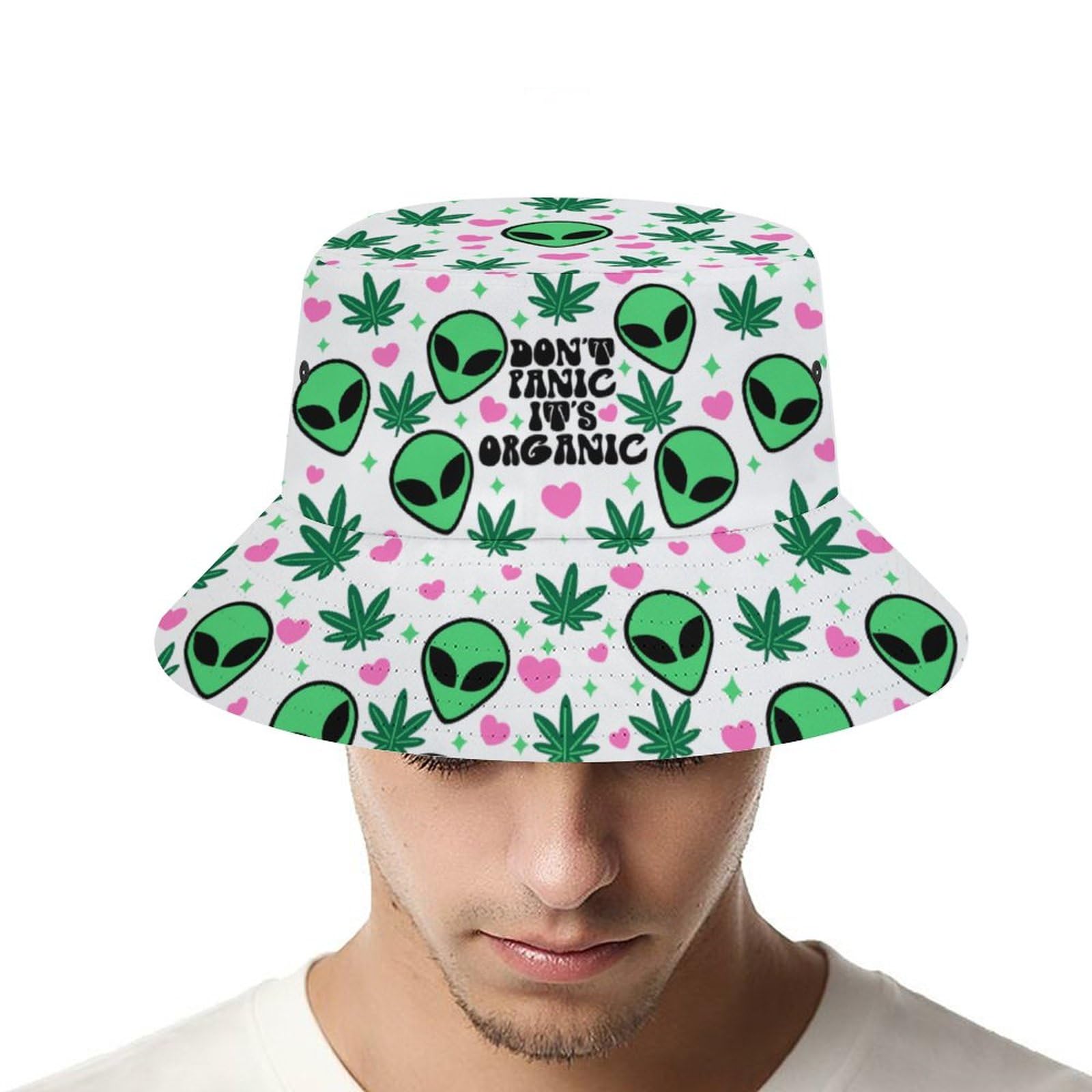 Mercuryelf Weed Alien bucket hat back view displaying bold, full-print style for summer outfits.