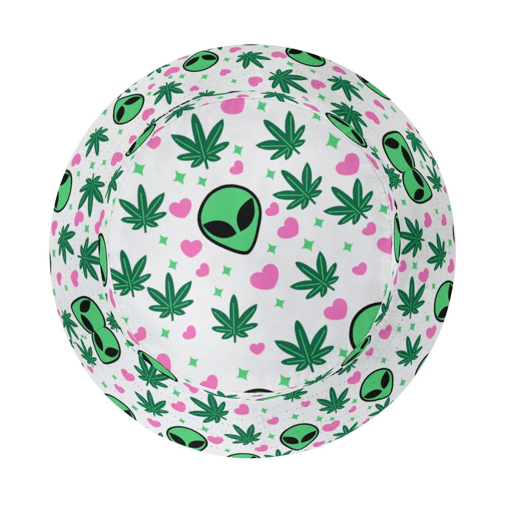 Mercuryelf Weed Alien bucket hat tilt shot highlights breathable polyester comfort.