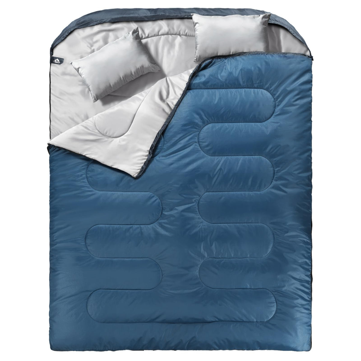 MEREZA double sleeping bag blue-gray setup shows spacious two-person comfort for camping