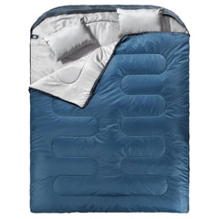 MEREZA double sleeping bag blue-gray setup shows spacious two-person comfort for camping