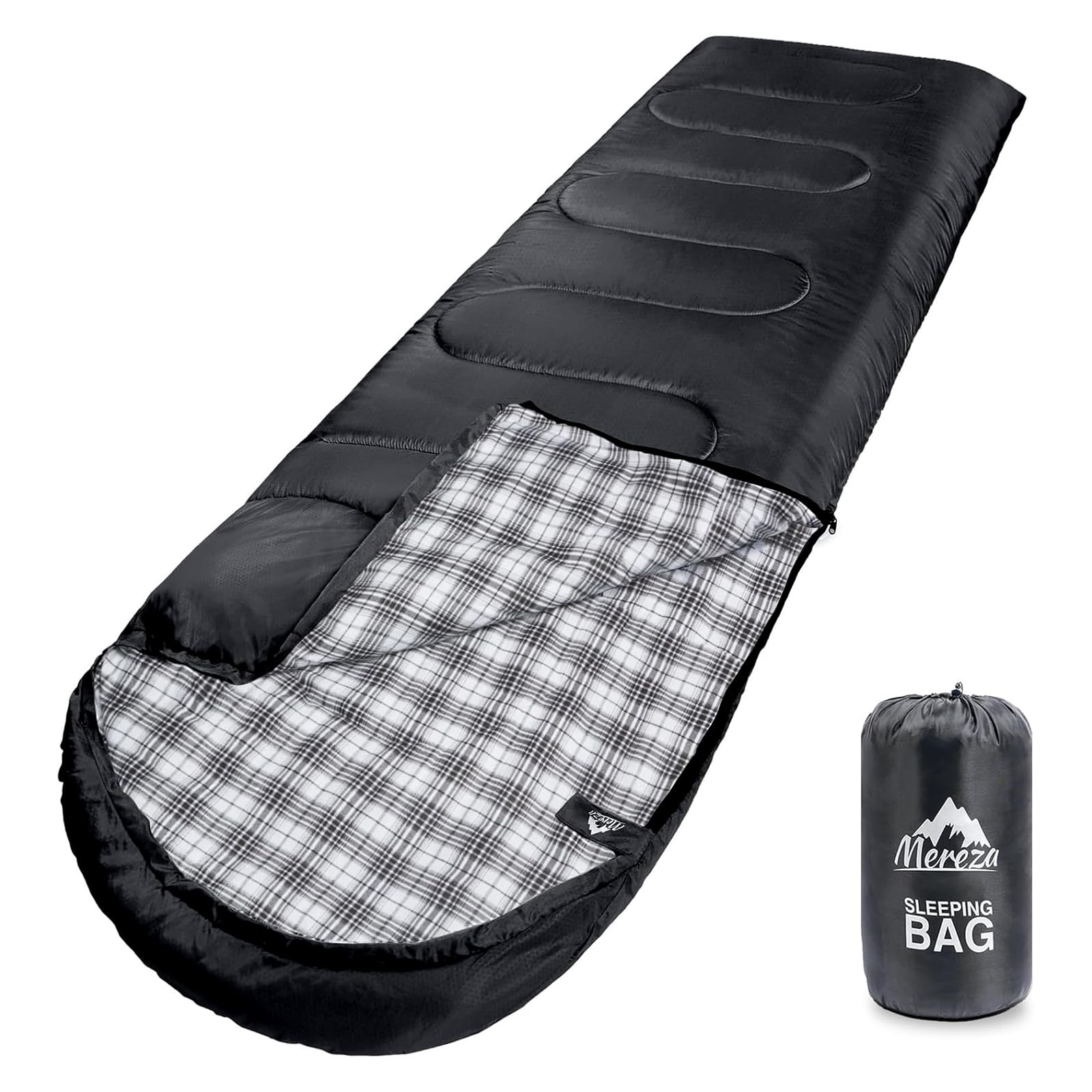 MEREZA Flannel Sleeping Bag XL setup shows spacious bed-like comfort for camping.