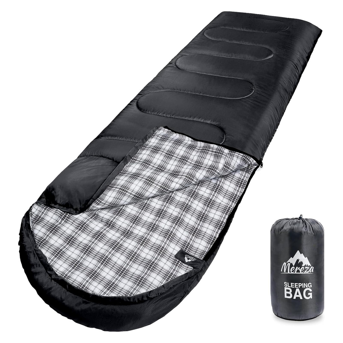MEREZA Flannel Sleeping Bag XL setup shows spacious bed-like comfort for camping.