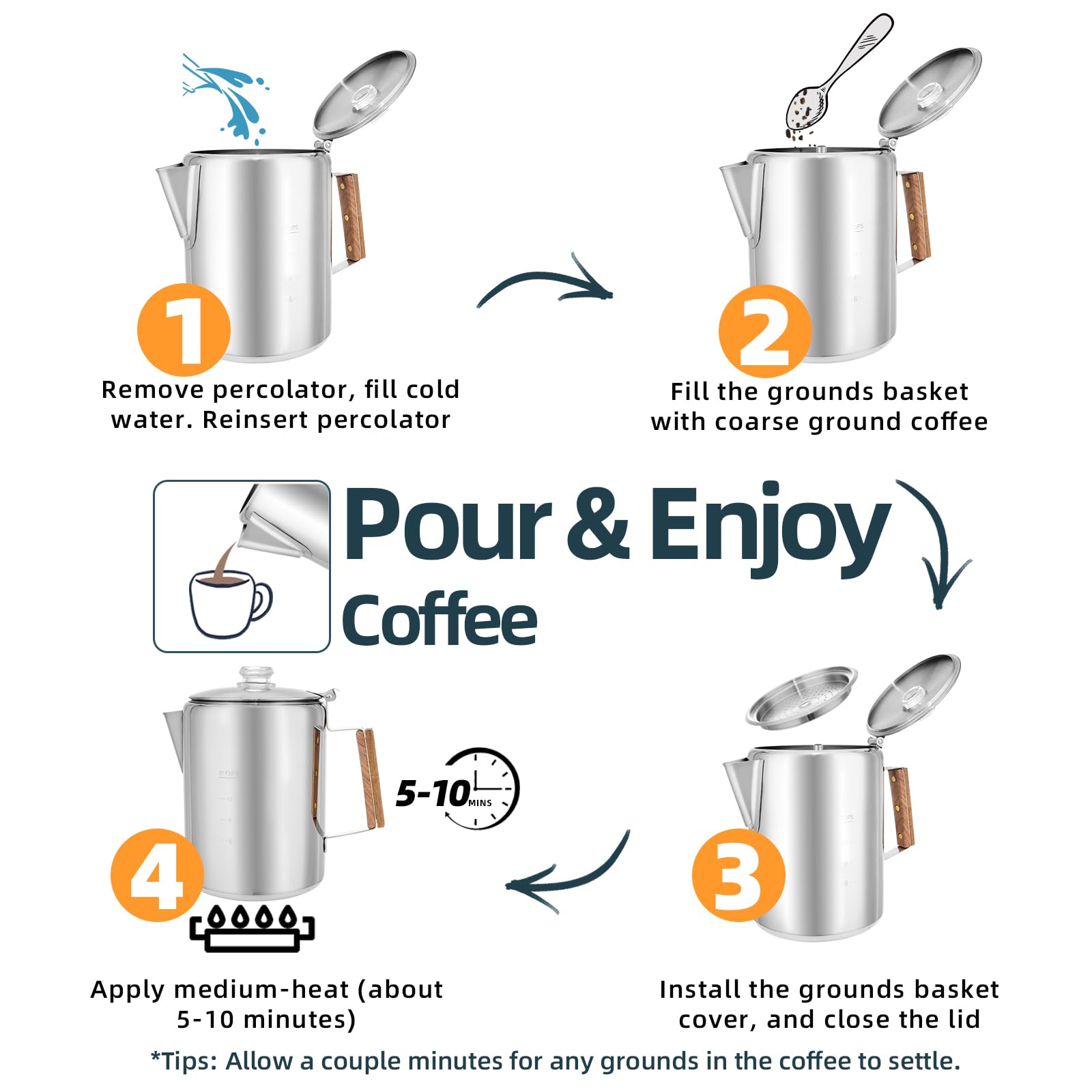 MEREZA stainless steel coffee pot yields mellow aroma on outdoor adventures.