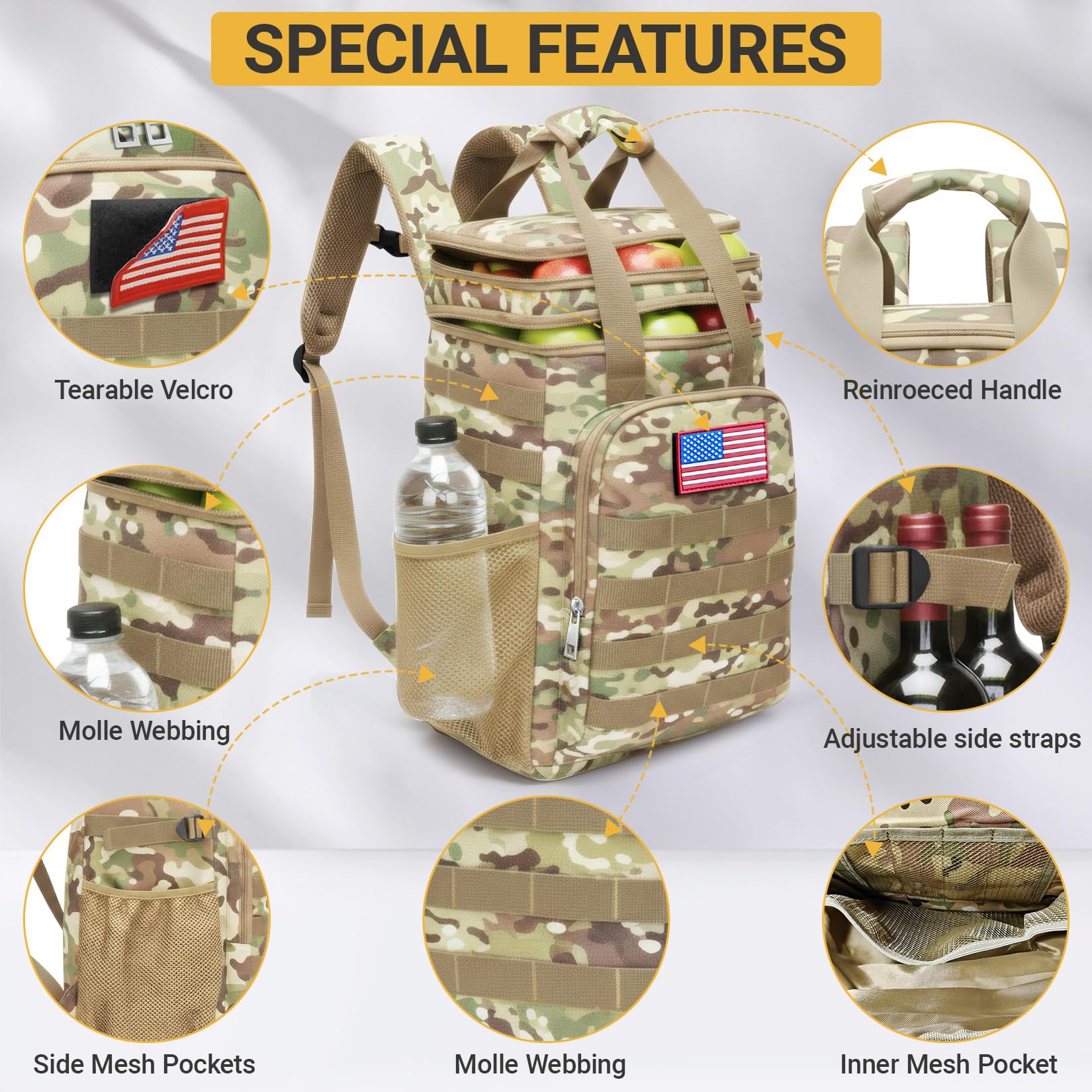 Meridova Tactical Backpack Cooler sturdy strap detail supports gear attachment.