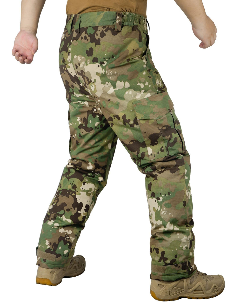 MERJAZ camo tactical pants back view highlights reinforced seat for durability
