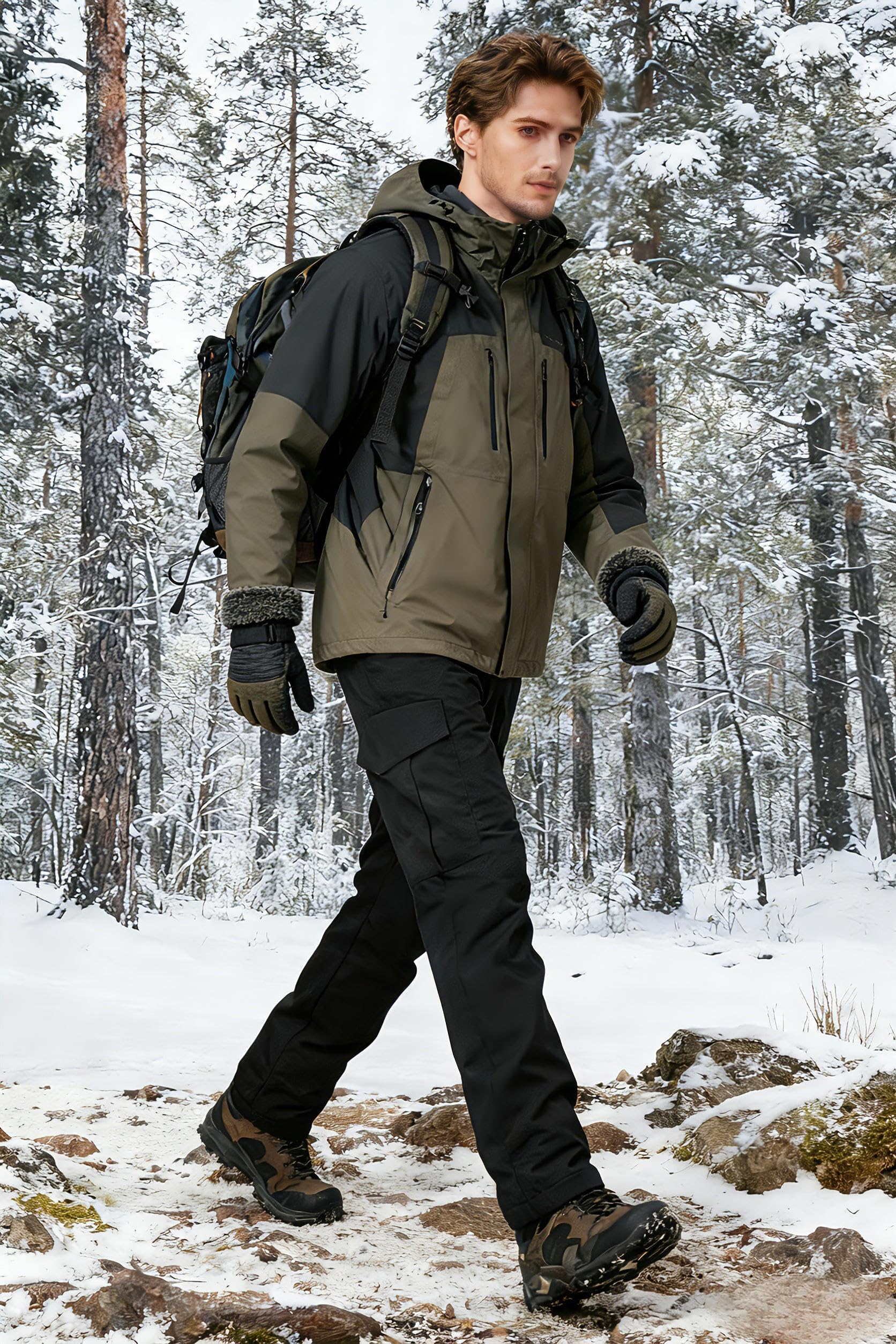 MERJAZ hiking pants in action during snowy trek demonstrates outdoor versatility