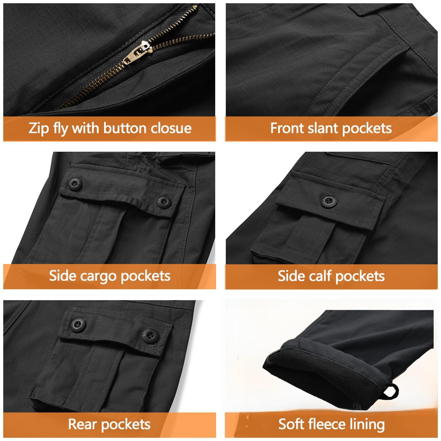 MERJAZ fleece-lined cargo pants water-repellent fabric closeup, weather-ready for light rain.