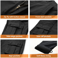 MERJAZ fleece-lined cargo pants water-repellent fabric closeup, weather-ready for light rain.