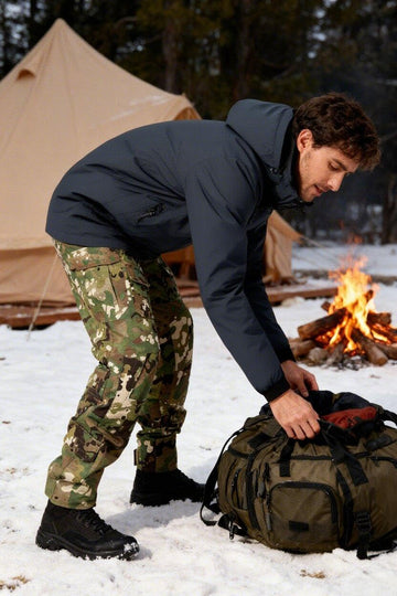 MERJAZ fleece-lined tactical pants camo pocket layout shows 10 functional pockets.