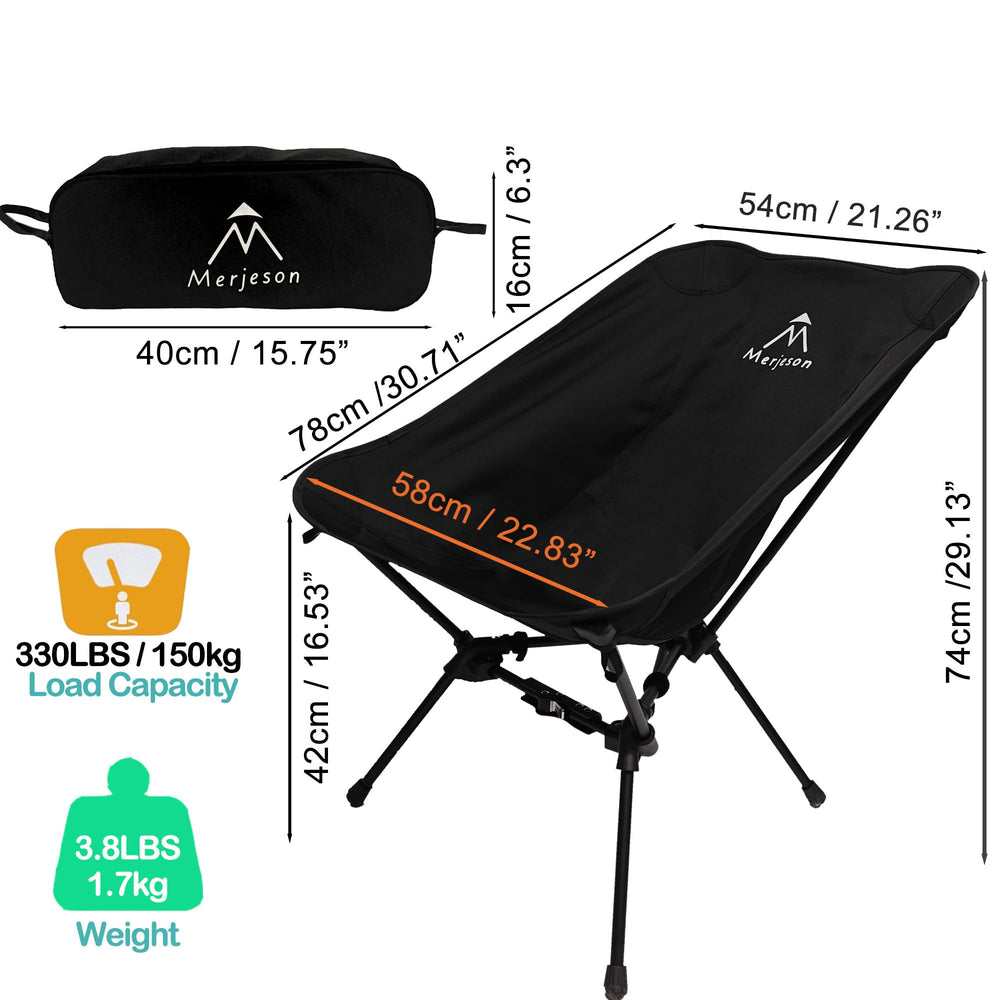 Merjeson chair on beach scene illustrating compact folding for travel
