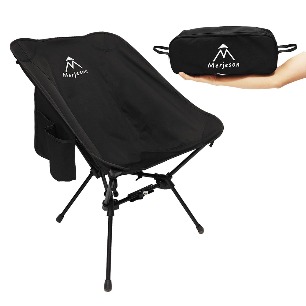 Merjeson portable camping chair front view with ReleaseLock showing roomy seating for comfort outdoors
