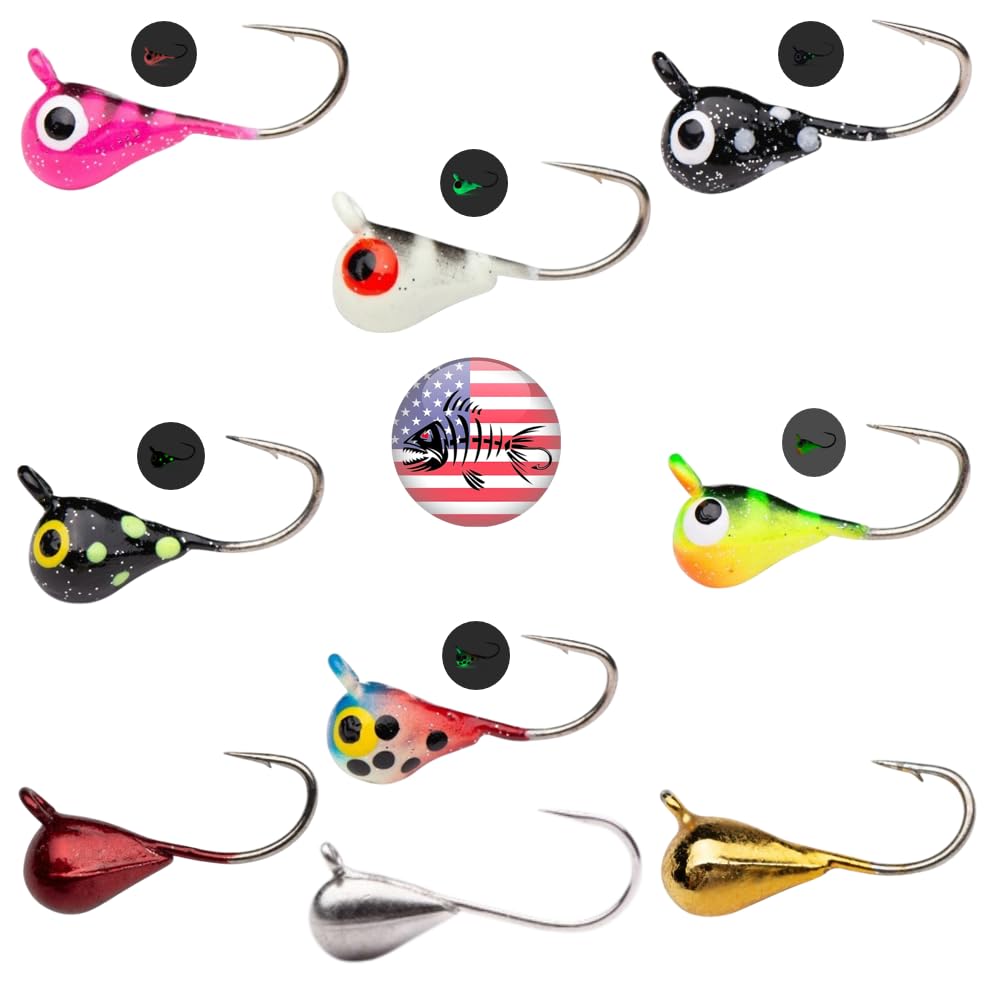 Mermaid Gear Divine 9-pack 4mm ice jigs with vivid UV glow for sharper underwater visibility.