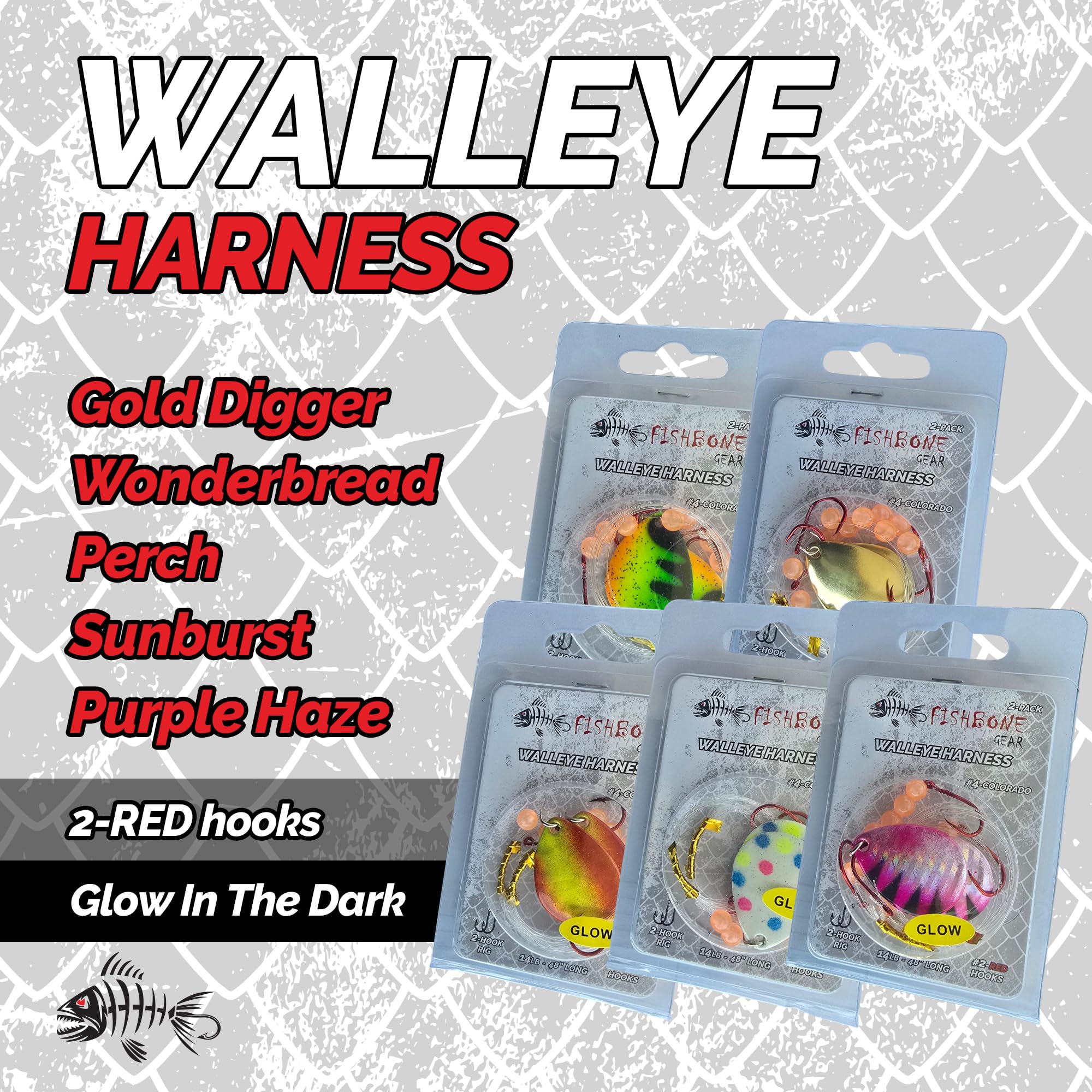 Mermaid Gear Fishbone Harness perch-pattern boosts visibility in murky or clear water.