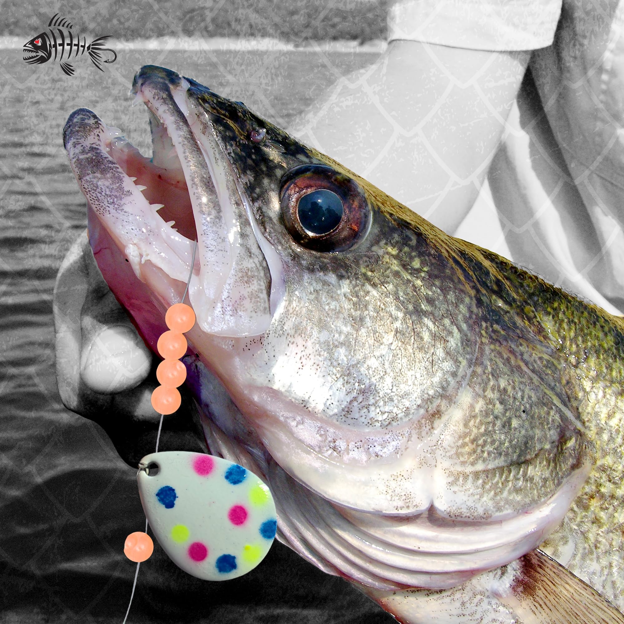Mermaid Gear Fishbone Harness wonderbread-pattern attracts walleyes with bright, high-contrast visuals.